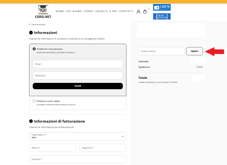 inserimento codice sconto inserimento codice sconto