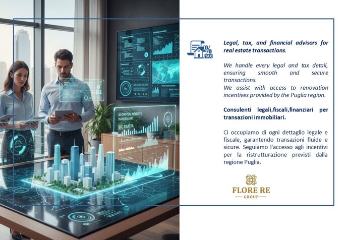 Consulenti legali,fiscali,finanziari per transazioni immobiliari. Ci occupiamo di ogni dettaglio legale e fiscale, garantendo transazioni fluide e sicure. Seguiamo l'accesso agli incentivi per la ristrutturazione previsti dalla regione Puglia. 