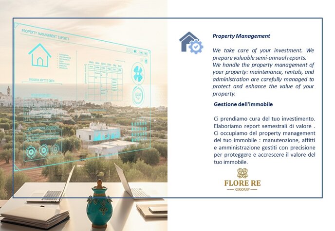 Gestione dell'immobile Ci prendiamo cura del tuo investimento. Elaboriamo report semestrali di valore . Ci occupiamo del property management del tuo immobile : manutenzione, affitti e amministrazione gestiti con precisione per proteggere e accrescere il valore del tuo immobile.