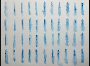 Blue watercolor with repeated vertical translucent marks arranged in rows, from Il passo breve degli angeli by Sergio Giannotta,2024 Blue watercolor with repeated vertical translucent marks arranged in rows, from Il passo breve degli angeli by Sergio Giannotta,2024