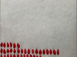 Red gouache composition with repeated drop-shaped forms emerging from the lower left, from Il passo breve degli angeli by Sergio Giannotta, 2025
