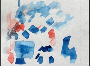 Blue and red watercolor with scattered abstract forms on white paper, from Il passo breve degli angeli by Sergio Giannotta,2024 Blue and red watercolor with scattered abstract forms on white paper, from Il passo breve degli angeli by Sergio Giannotta,2024