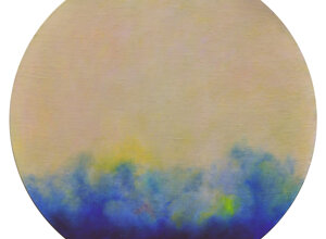 Circular abstract landscape in pale pink, blue and yellow by Sergio Giannotta, 2021 Circular abstract landscape in pale pink, blue and yellow by Sergio Giannotta, 2021