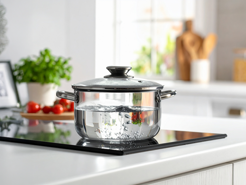 Pentola con acqua in ebollizione in una cucina bianca moderna su un piano di cottura ad induzione