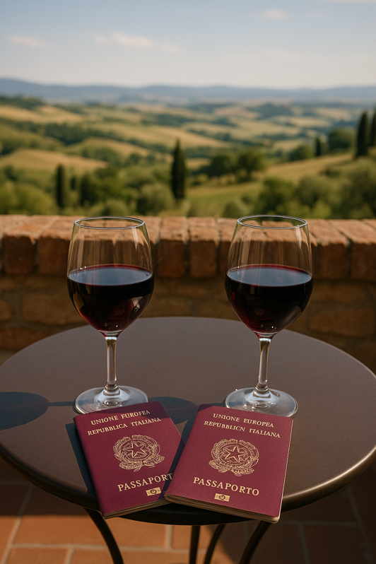 passaporti e vino sulla terrazza toscana