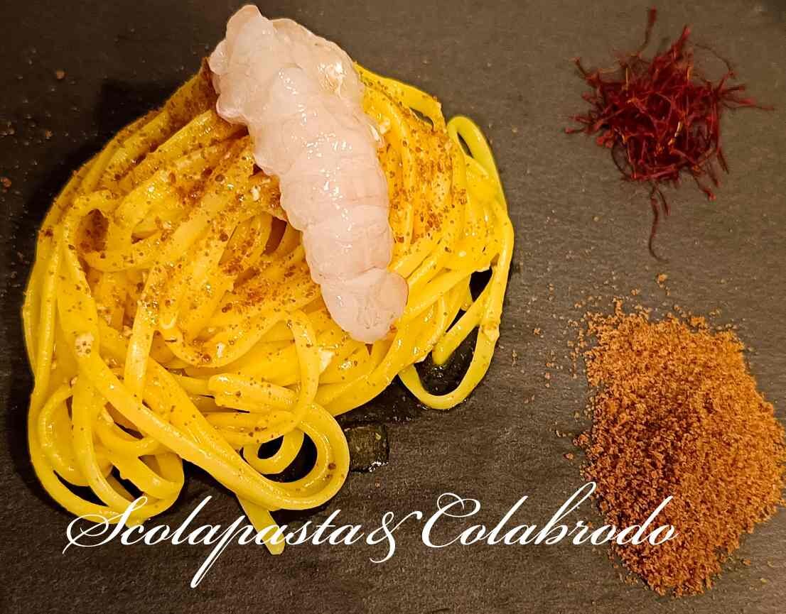 Bavette con bottarga e cuore di scampo crudo