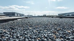 crea un immagine di un ballast flat roof (copertura piana zavorrata con ghiaione).jpeg