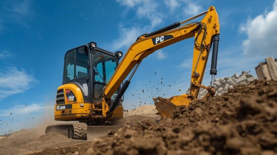 Escavatore gommato in azione su cantiere edile 