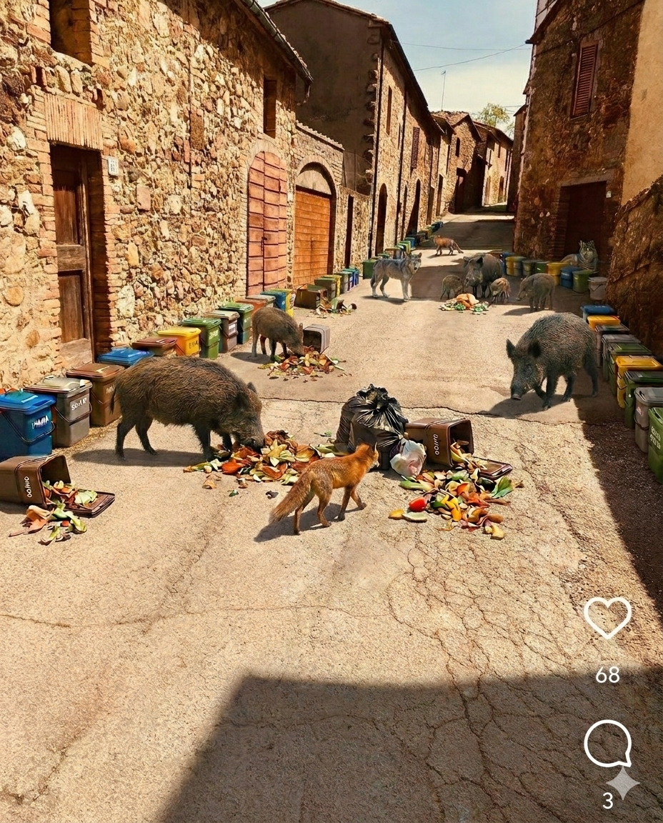 Nuova attrazione turistica: il safari dei bidoncini a Montalcinello, il catering gratuito per la fauna selvatica