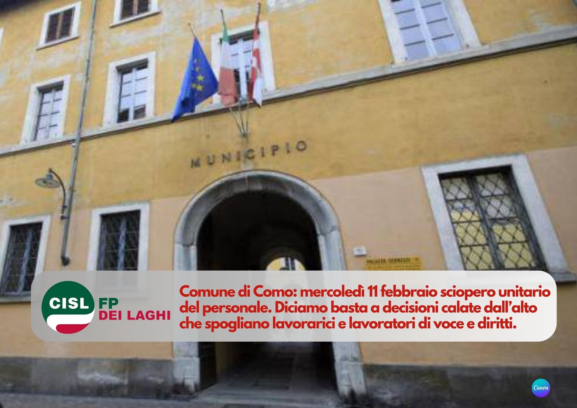 Cisl FP dei laghi. Comune di Como: lavoratori in sciopero 11 febbraio per chiedere dignit&agrave; e correttezza