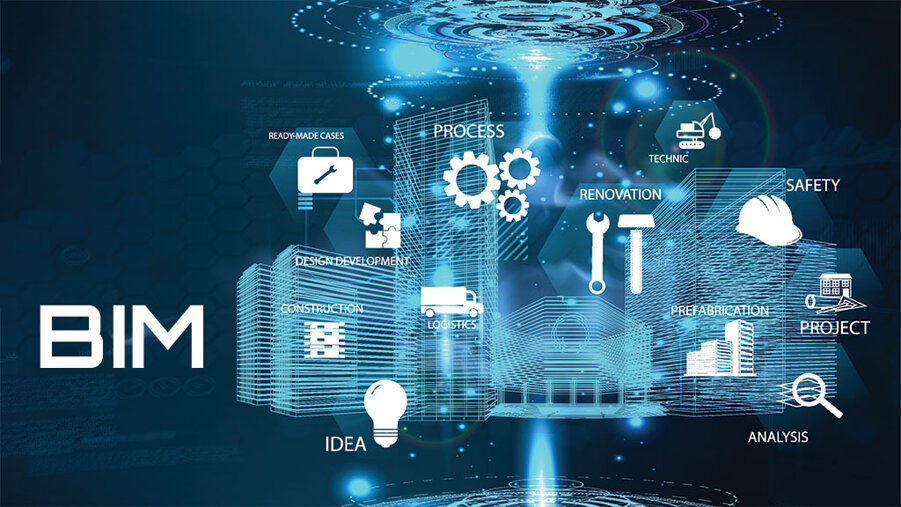 Concetto di BIM (Building Information Modeling) con icone digitali che rappresentano fasi come idea, progettazione, costruzione, logistica, prefabbricazione, sicurezza, analisi e ristrutturazione su sfondo futuristico di edifici 3D.