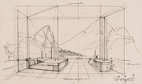 Architectural drawing of an exterior view from a covered terrace