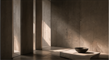 Sunlit stone space expressing architectural calm and restraint