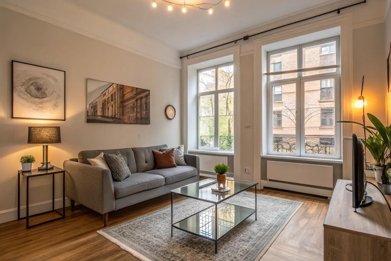 Soggiorno moderno in appartamento piccolo ristrutturato a Napoli, con divano grigio, tavolino in vetro e grandi finestre luminose"