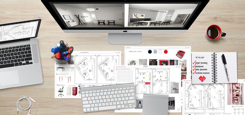 Progettazione ristrutturazione casa moderna su scrivania con PC, planimetrie e strumenti di design Progettazione ristrutturazione casa moderna su scrivania con PC, planimetrie e strumenti di design