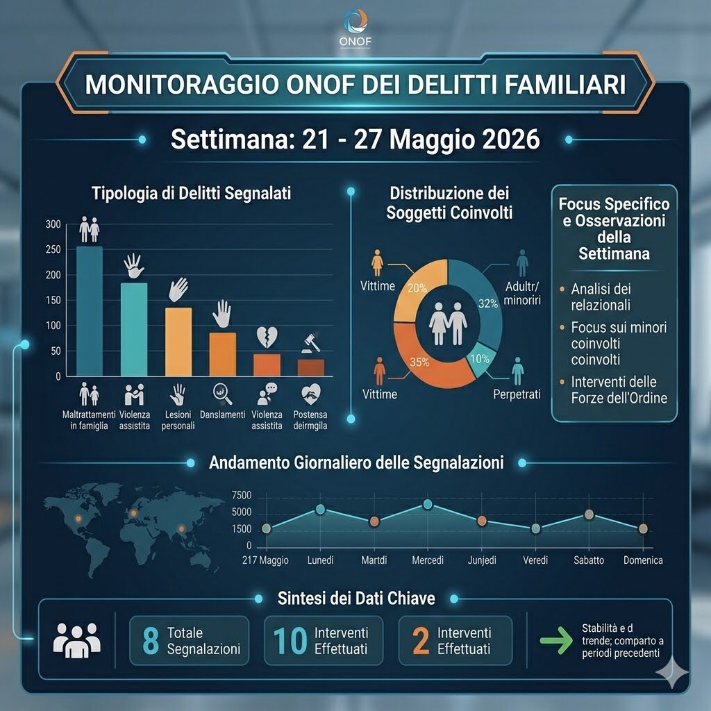Monitoraggio epidemiologico e profiling ONOF dei delitti familiari, settimana 21 - 27 maggio 2026