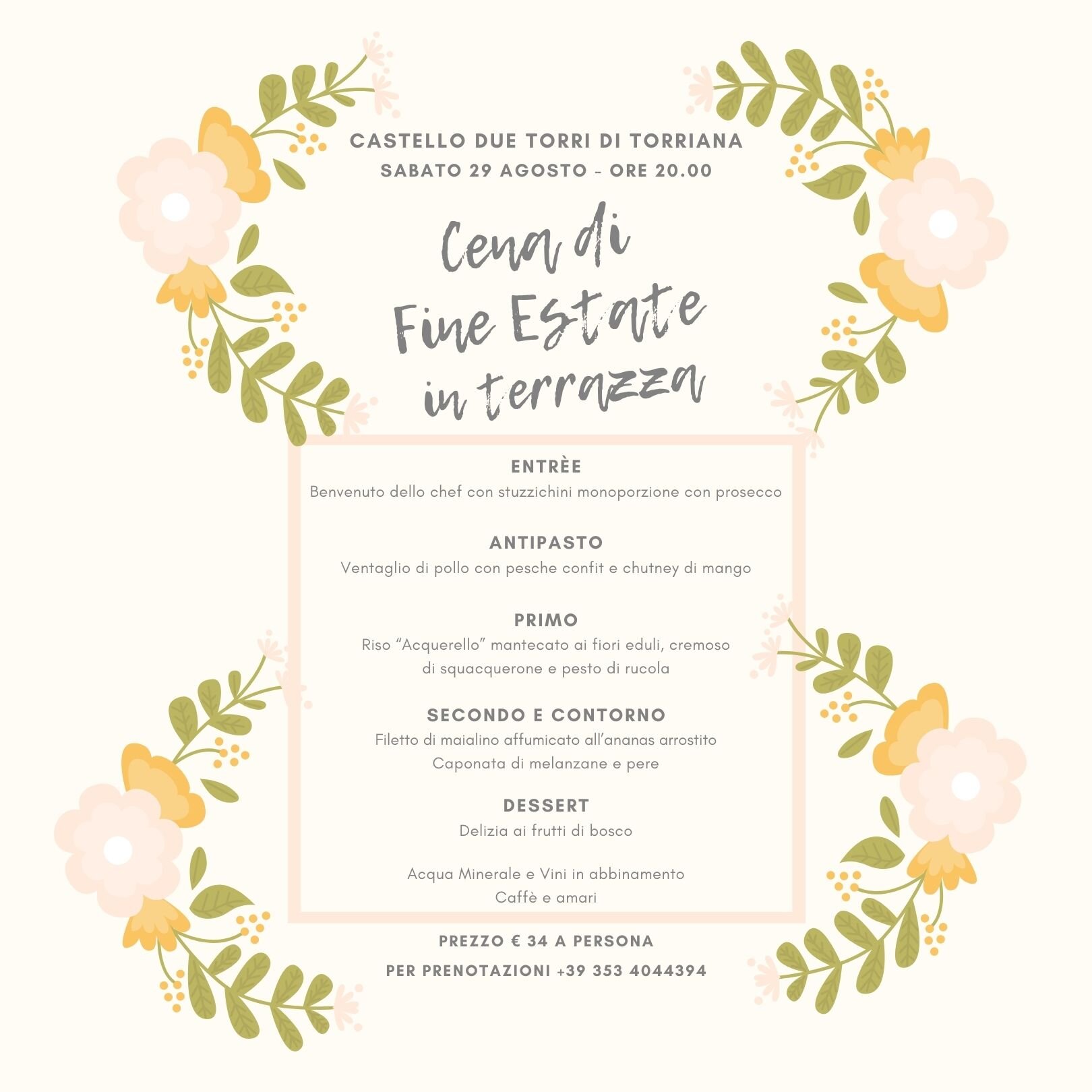 Sabato 29 Agosto 2020 - "Cena di Fine Estate" sulla Terrazza panoramica
