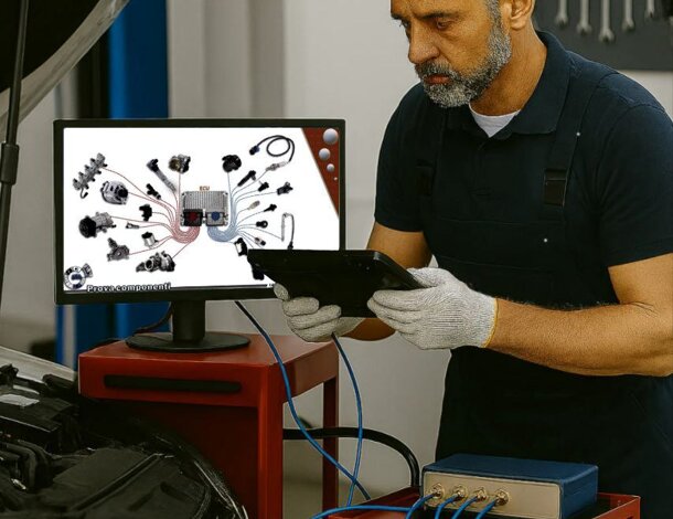 Tecnico specializzato utilizza strumento diagnosi elettronica su veicolo in officina