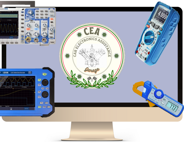 Diagnosi elettronica auto con multimetro digitale, pinza amperometrica e oscilloscopio su impianto elettrico