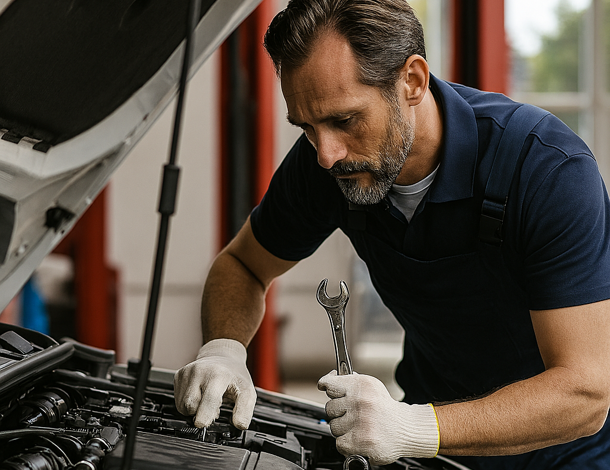 Autoriparatore durante intervento tecnico nel vano motore di autoveicolo