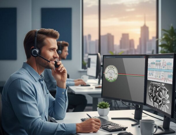 Tecnico automotive con cuffia e microfono durante assistenza tecnica online davanti al computer