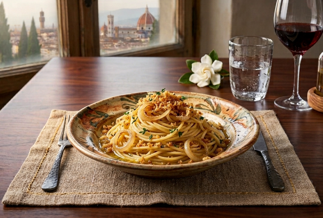 spaghetti cipolla dolce e pangrattato