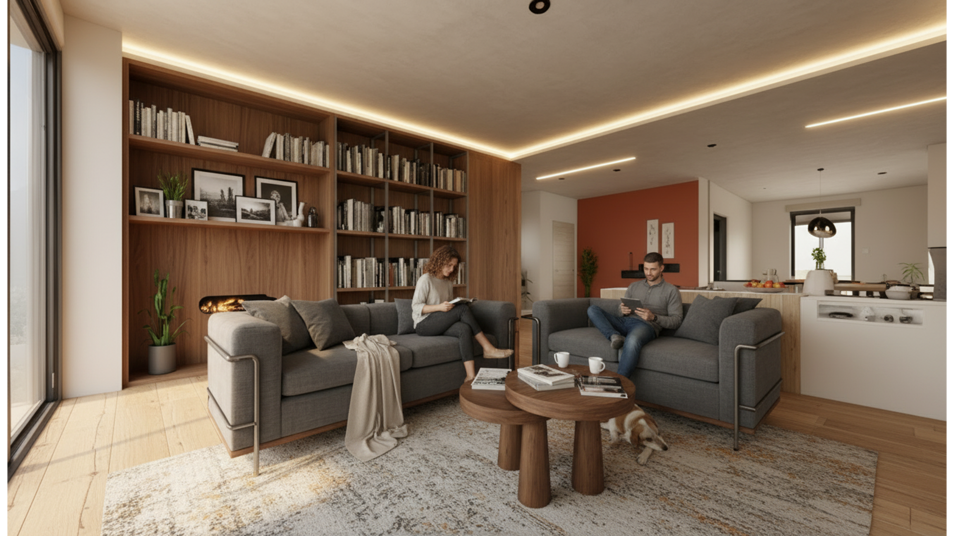 change the living room completely. light wood flooring. more modern andlived. add people. change the bookshelf. warm natural light