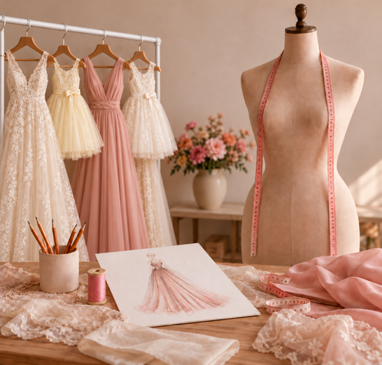 four elegant dresses on a white rack