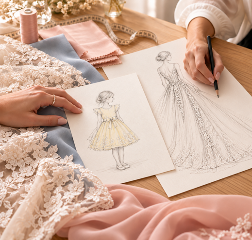 separate fashion sketches on lace and fabric
