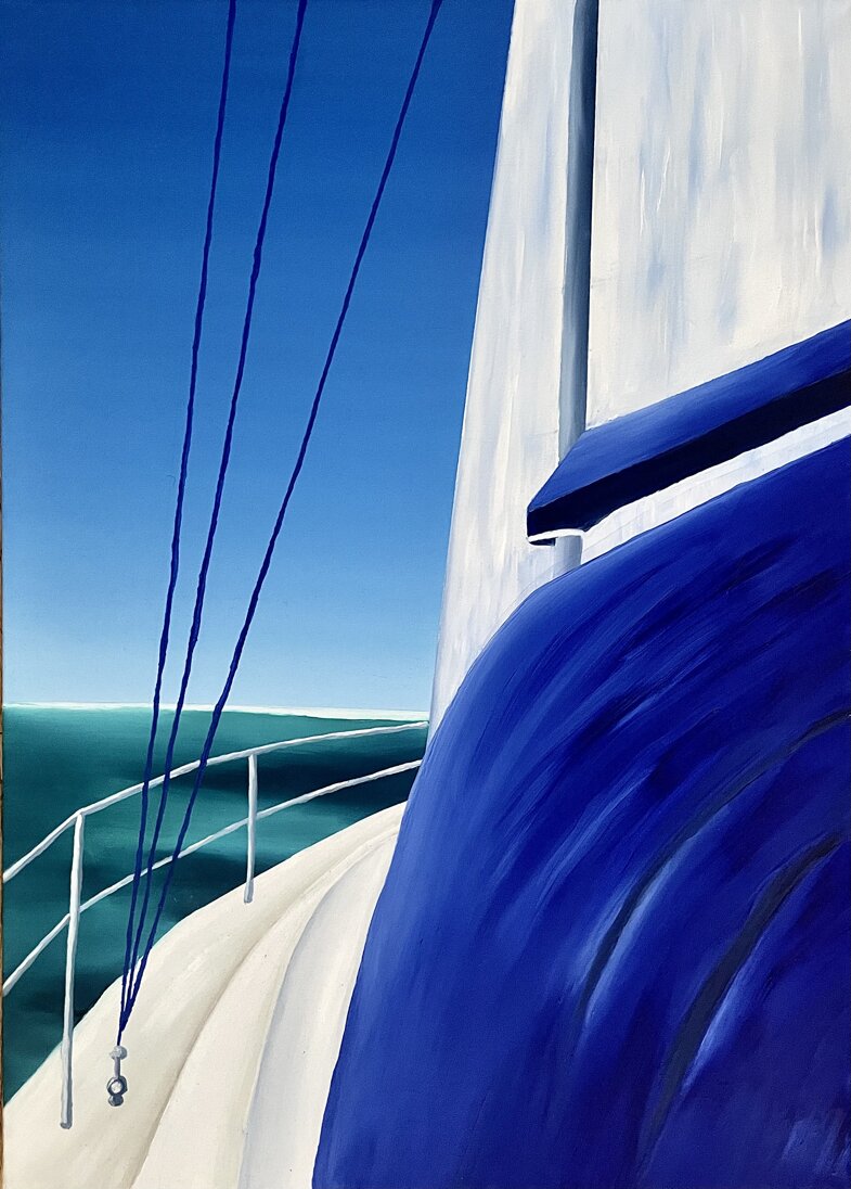 Quadro ad olio con barca a vela e desiderio di infinito nell'azzurro