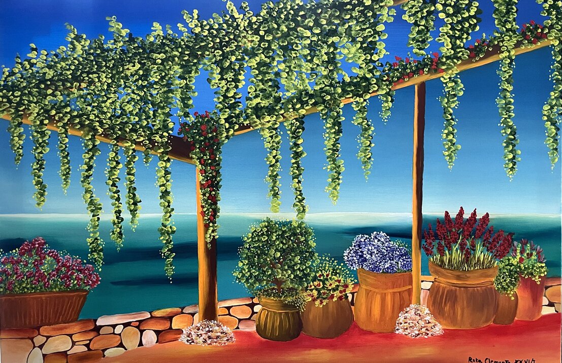 Quadro ad olio con terrazza con vista sul mare in estate in Sardegna