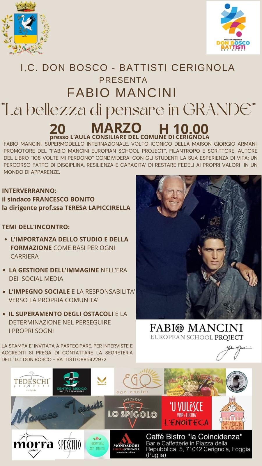 Cerignola, il messaggio ai giovani di Fabio Mancini: il Centro Medico VIS sostiene l’incontro sulla “bellezza di pensare in grande”