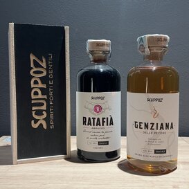 Ratafià e Genziana Scuppoz con cassa di legno