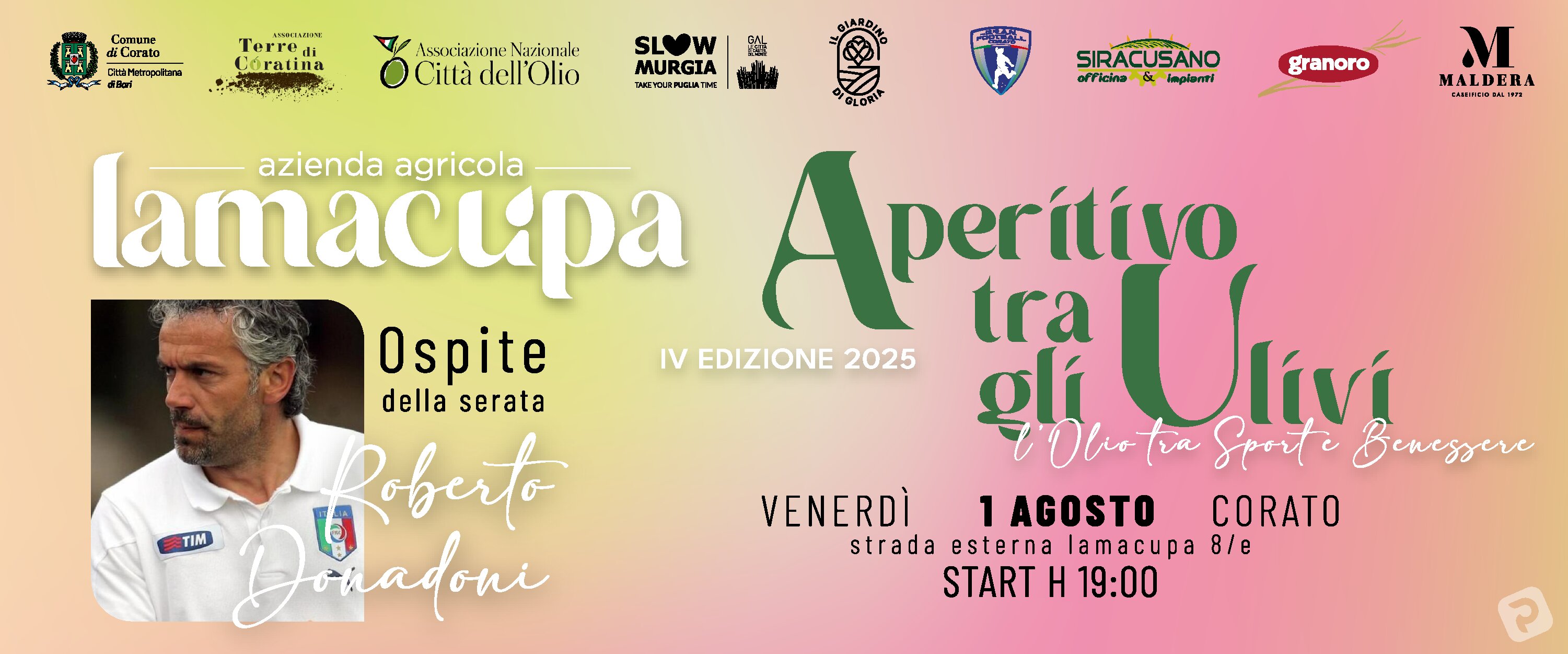 "Aperitivo tra gli Ulivi”: emozioni, sapori e benessere nella magia dell’oliveto Lamacupa con Roberto Donadoni