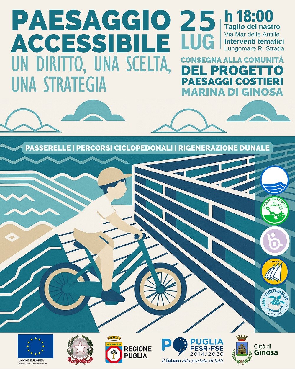Paesaggio accessibile: un diritto, una scelta, una strategia. Oggi l’inaugurazione dei nuovi percorsi ciclopedonali a Marina di Ginosa (TA)