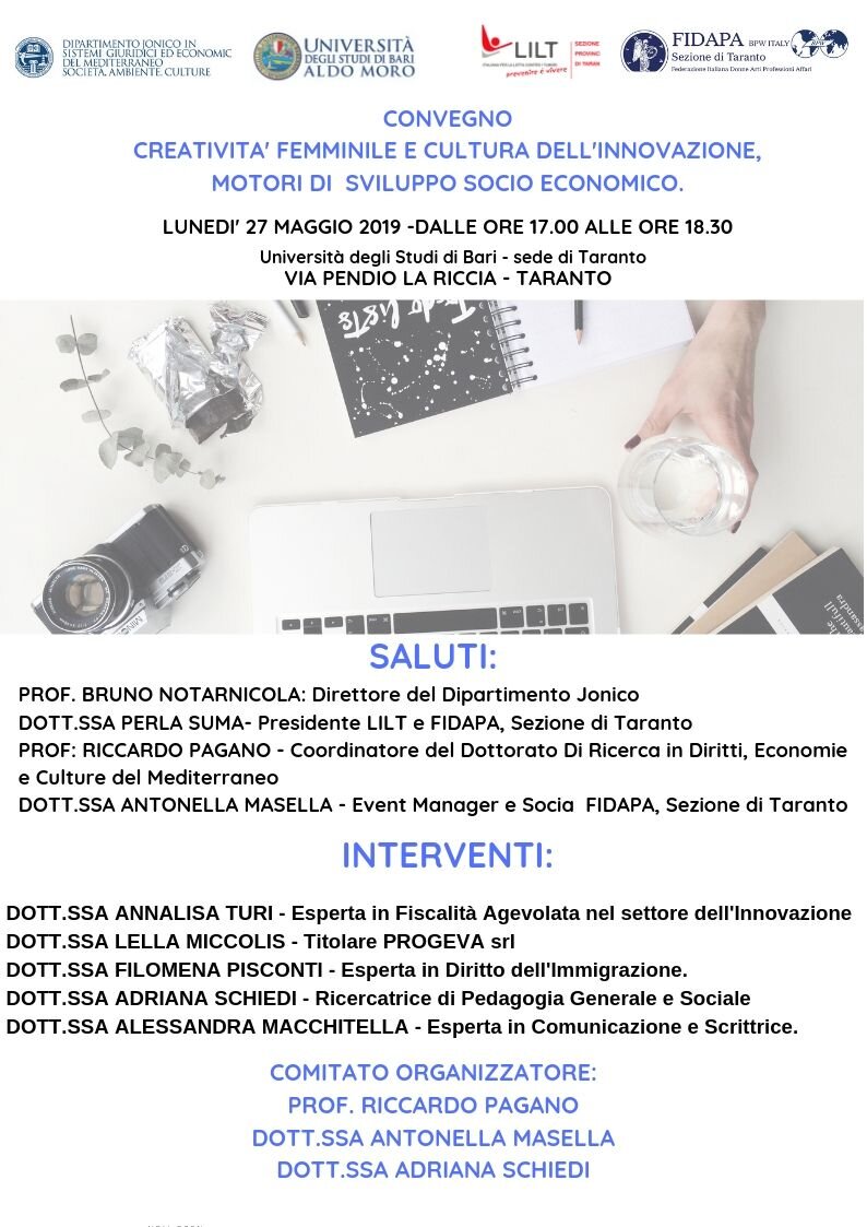 27 maggio: “Creatività femminile e cultura dell’innovazione, motori di sviluppo socio economico”