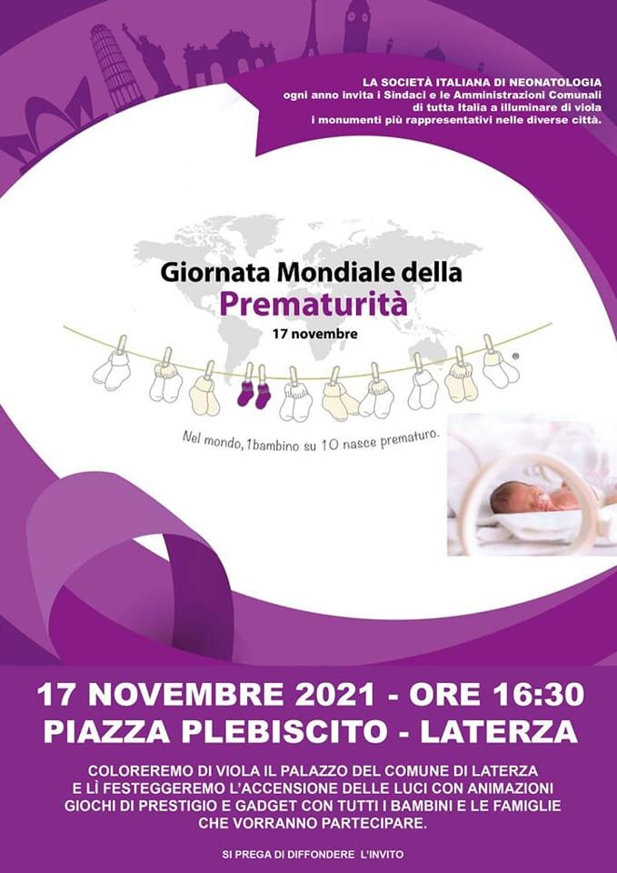Giornata Mondiale della Prematurità, il Palazzo del Comune di Laterza si colora di viola Giornata Mondiale della Prematurità, il Palazzo del Comune di Laterza si colora di viola