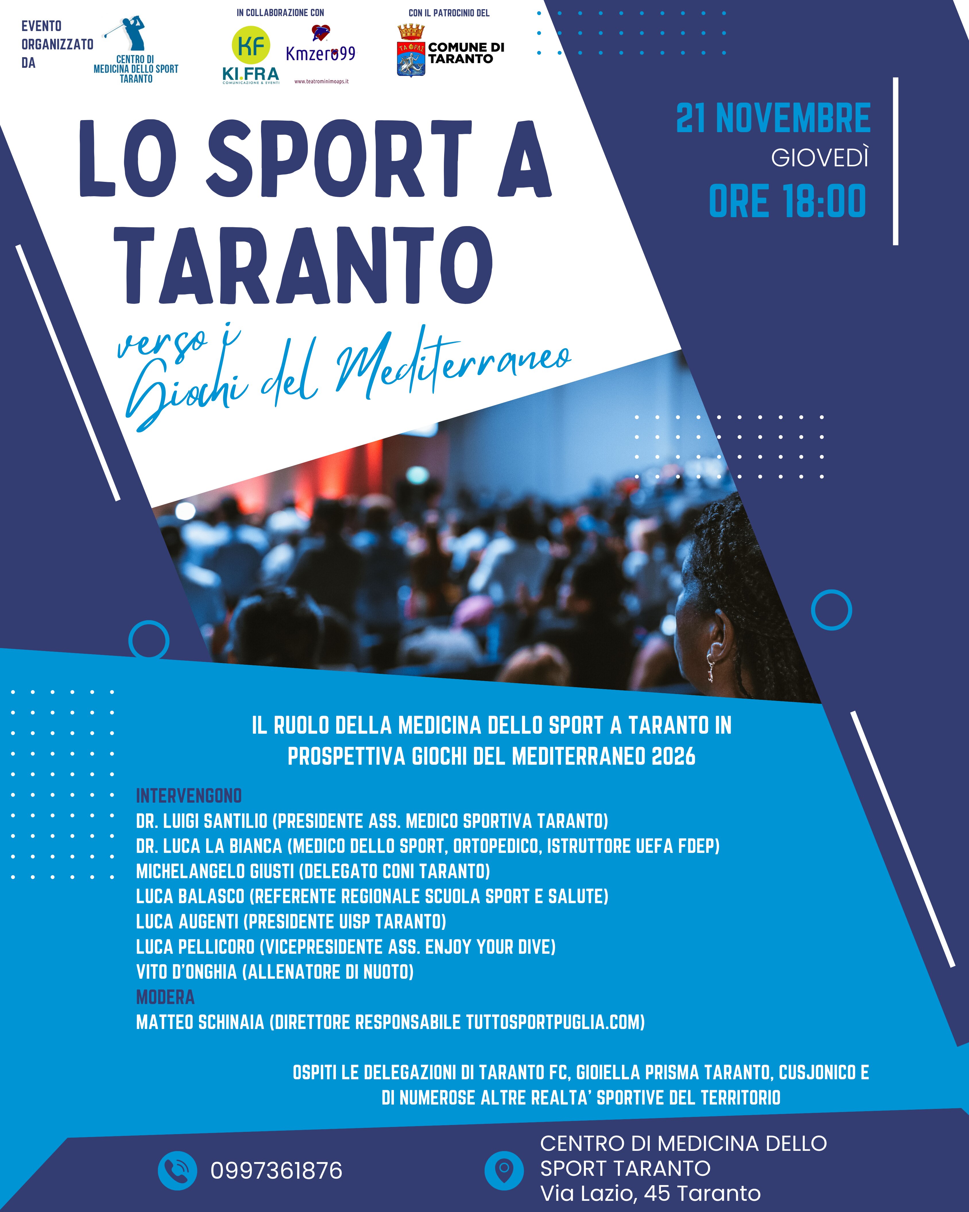 21 novembre: "Lo sport a Taranto - verso i Giochi del Mediterraneo" al Centro Medicina dello Sport di Taranto 21 novembre: "Lo sport a Taranto - verso i Giochi del Mediterraneo" al Centro Medicina dello Sport di Taranto