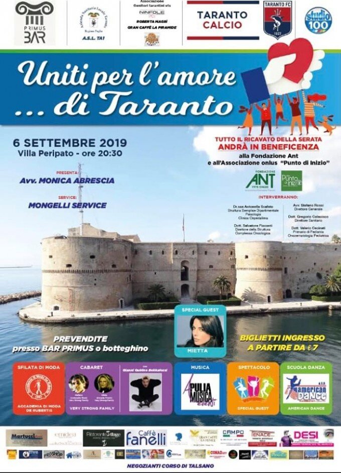 Questa sera "Uniti per l'amore di Taranto" alla Villa Peripato