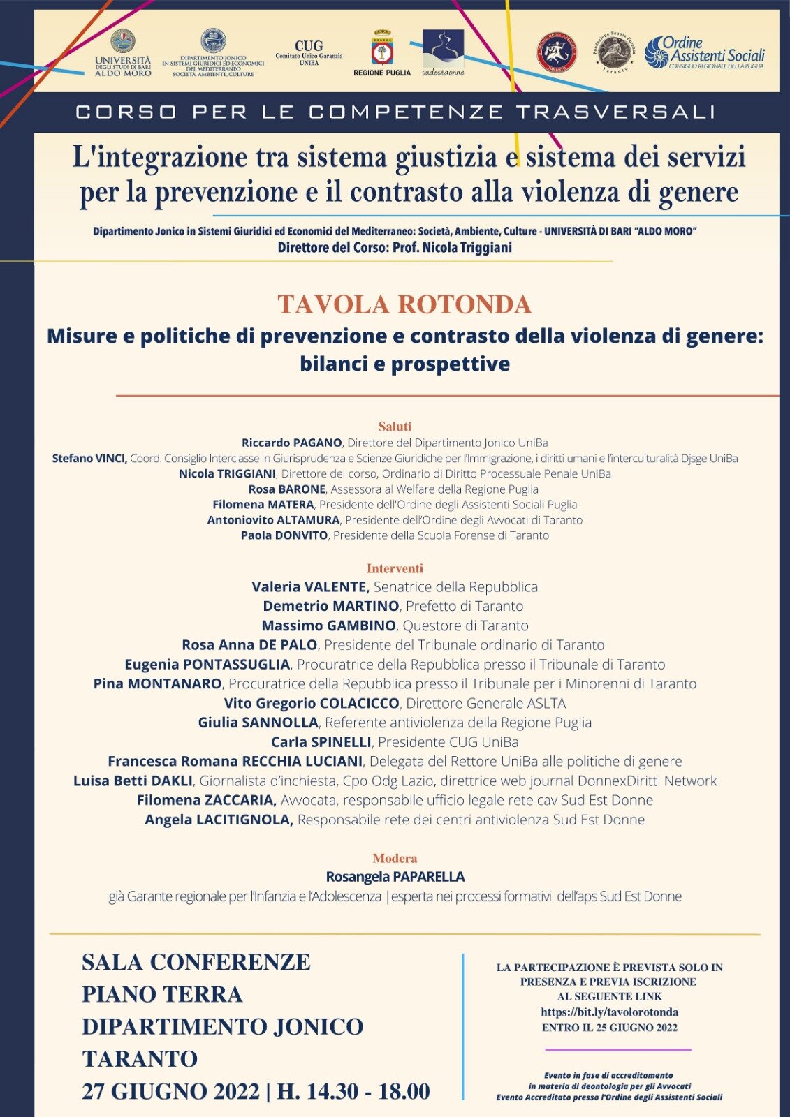 MISURE E POLITICHE DI PREVENZIONE E CONTRASTO DELLA VIOLENZA DI GENERE: A TARANTO, LUNEDÌ 27 GIUGNO, UNA TAVOLA ROTONDA SU RISULTATI RAGGIUNTI E PROSPETTIVE FUTURE MISURE E POLITICHE DI PREVENZIONE E CONTRASTO DELLA VIOLENZA DI GENERE: A TARANTO, LUNEDÌ 27 GIUGNO, UNA TAVOLA ROTONDA SU RISULTATI RAGGIUNTI E PROSPETTIVE FUTURE