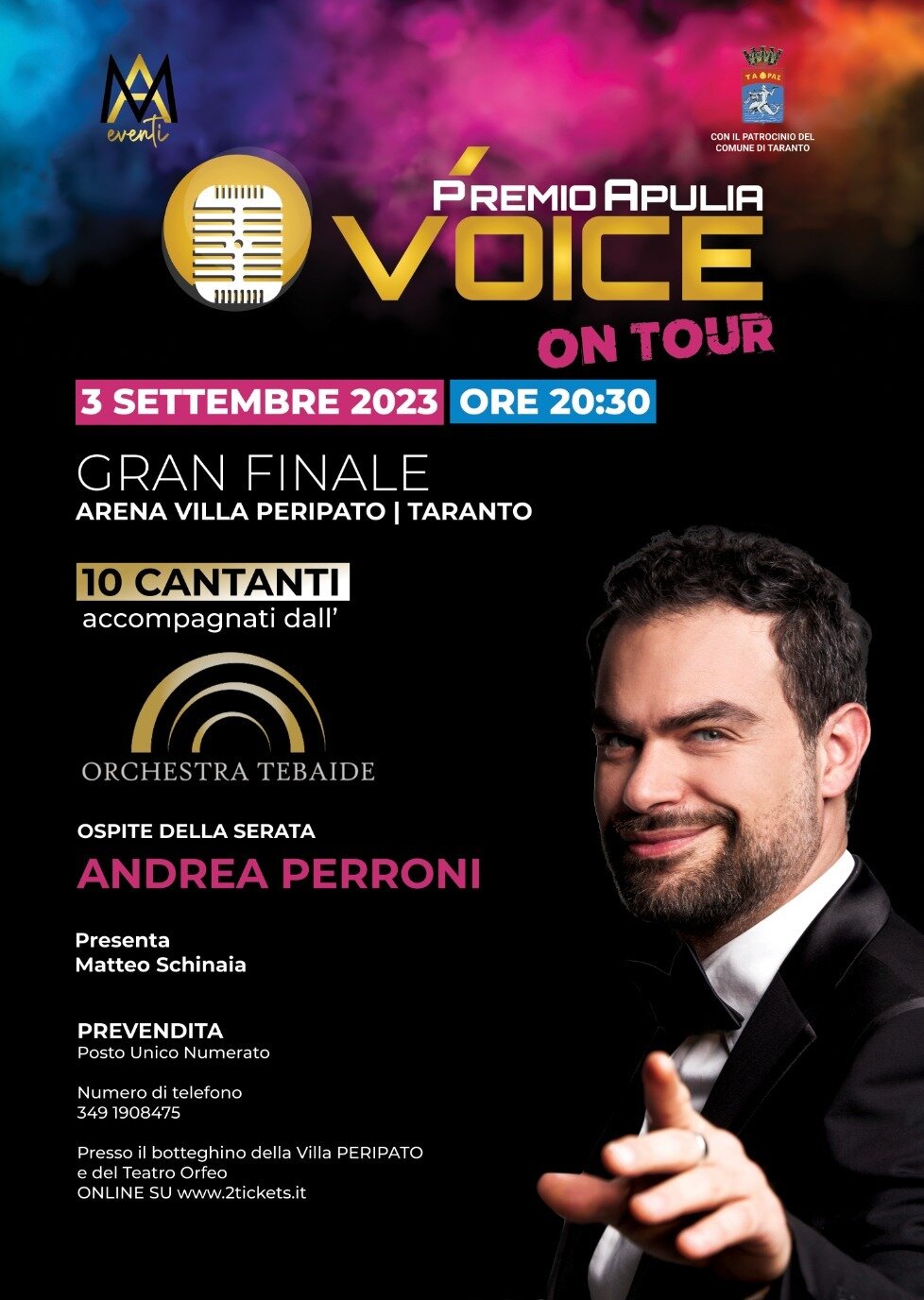 Domenica 3 settembre all'Arena Villa Peripato il gran finale del Premio Apulia Voice ON TOUR con Andrea Perroni