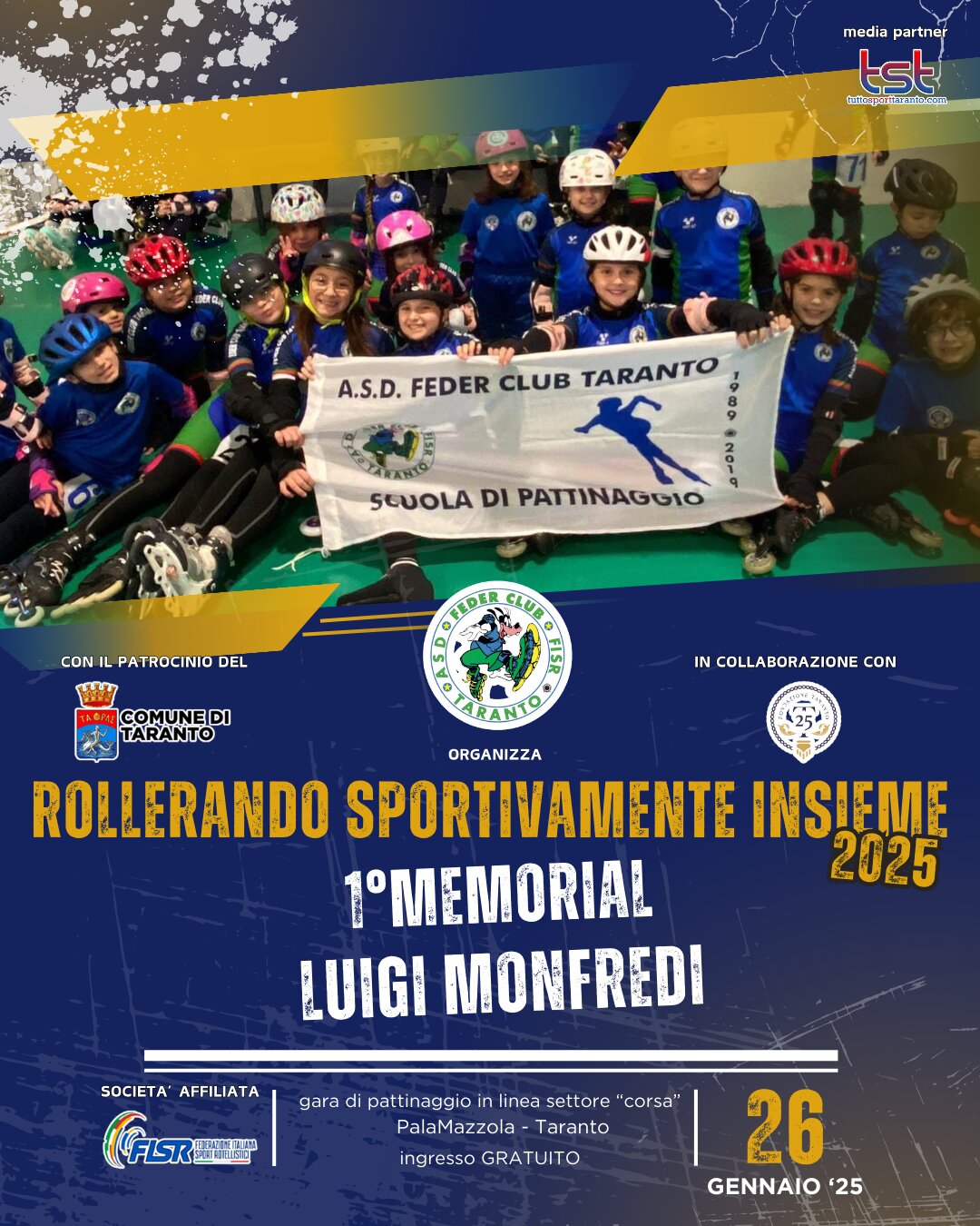 "Rollerando sportivamente insieme 2025 - 1° Memorial Luigi Monfredi", la Feder Club Taranto porta al PalaMazzola il grande pattinaggio in linea