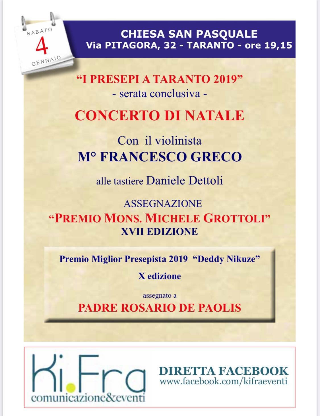 Il ricordo di Padre Rosario De Paolis e la grande musica di Francesco Greco per la serata conclusiva de "I presepi a Taranto 2019"