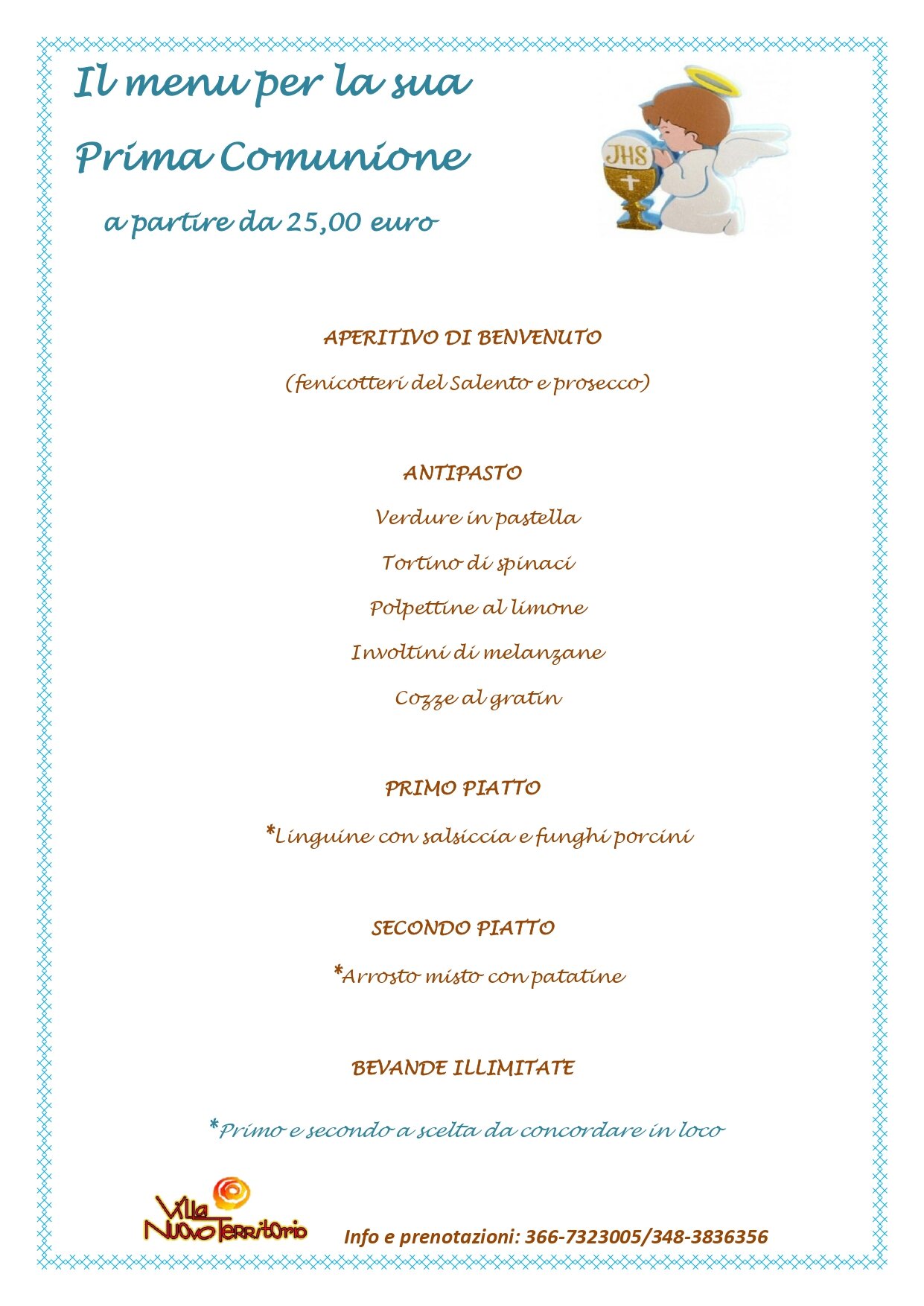 Il menu per la sua Prima Comunione a partire da 25,00 euro alla VILLA NUOVO TERRITORIO!