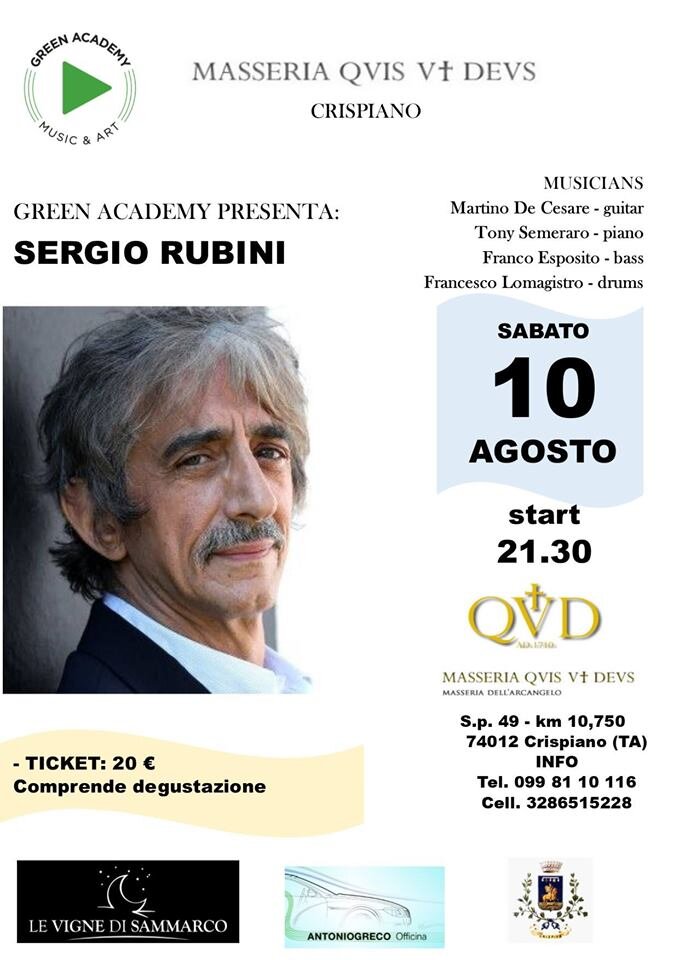 “NOTTE DELLE STELLE”: GRANDE APPUNTAMENTO CON SERGIO RUBINI ALLA MASSERIA QUIS UT DEUS SABATO 10 AGOSTO