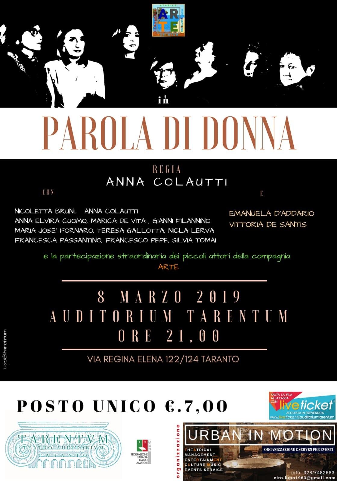 8 marzo: "Parola di donna" all'Auditorium Tarentum