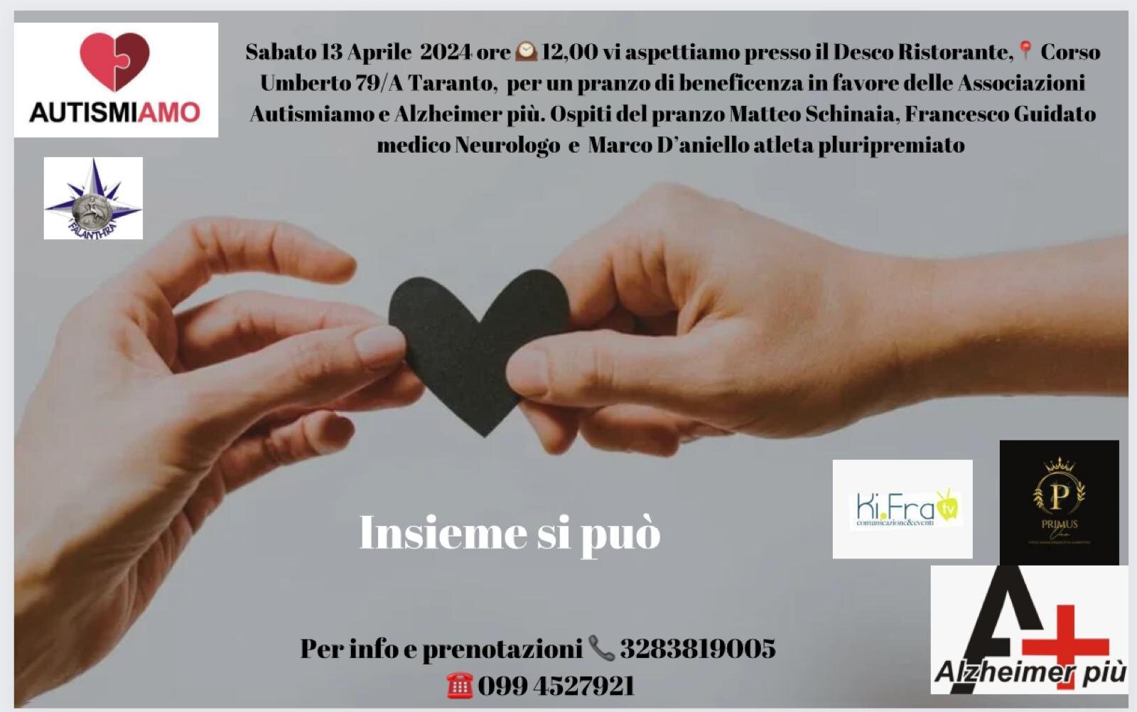 "Insieme si può", un pranzo solidale per Autismiamo ed Alzheimer + "Insieme si può", un pranzo solidale per Autismiamo ed Alzheimer +