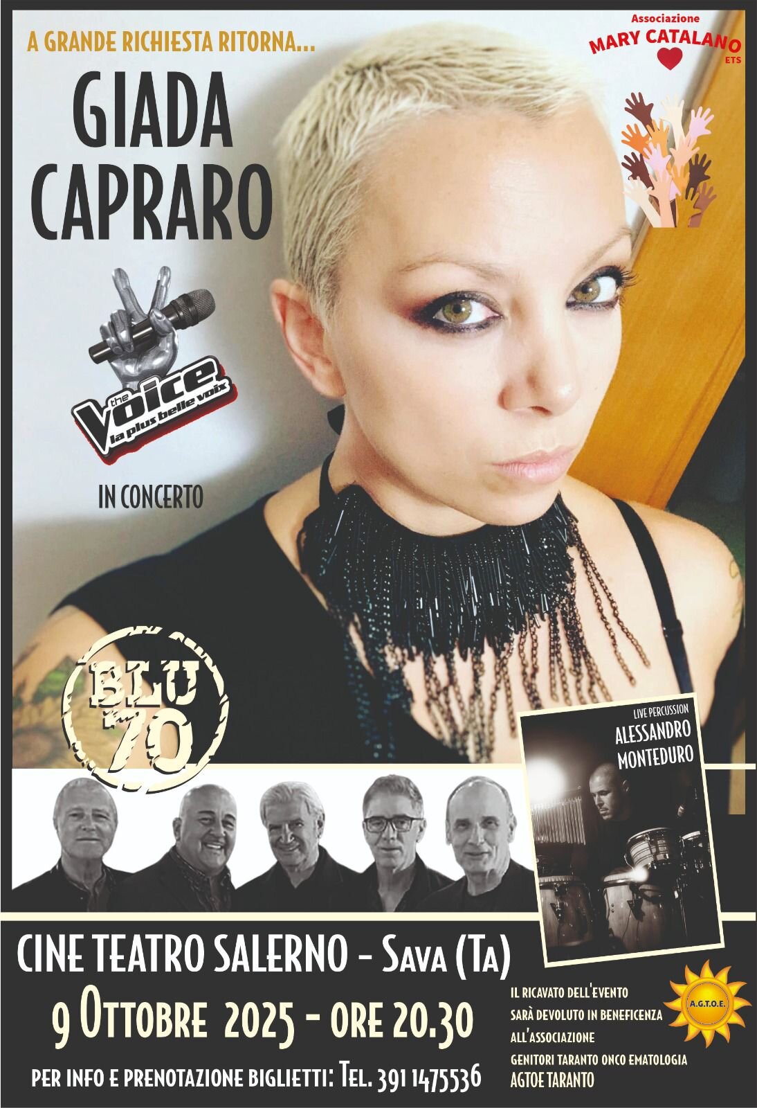 Giada Capraro in concerto a Sava per ricordare Mary Catalano: musica, emozioni e solidarietà al Cine Teatro Salerno