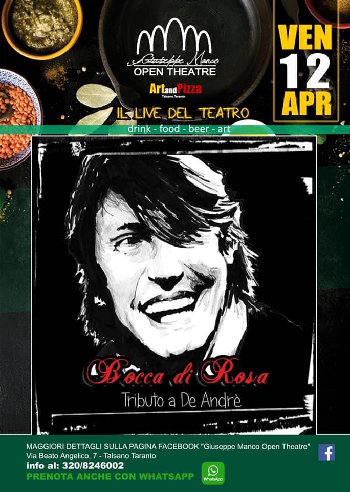 12 aprile: "Bocca di Rosa" live: tributo a Fabrizio De Andrè al Teatro Art Club Restaurant and Pizza di Talsano 12 aprile: "Bocca di Rosa" live: tributo a Fabrizio De Andrè al Teatro Art Club Restaurant and Pizza di Talsano