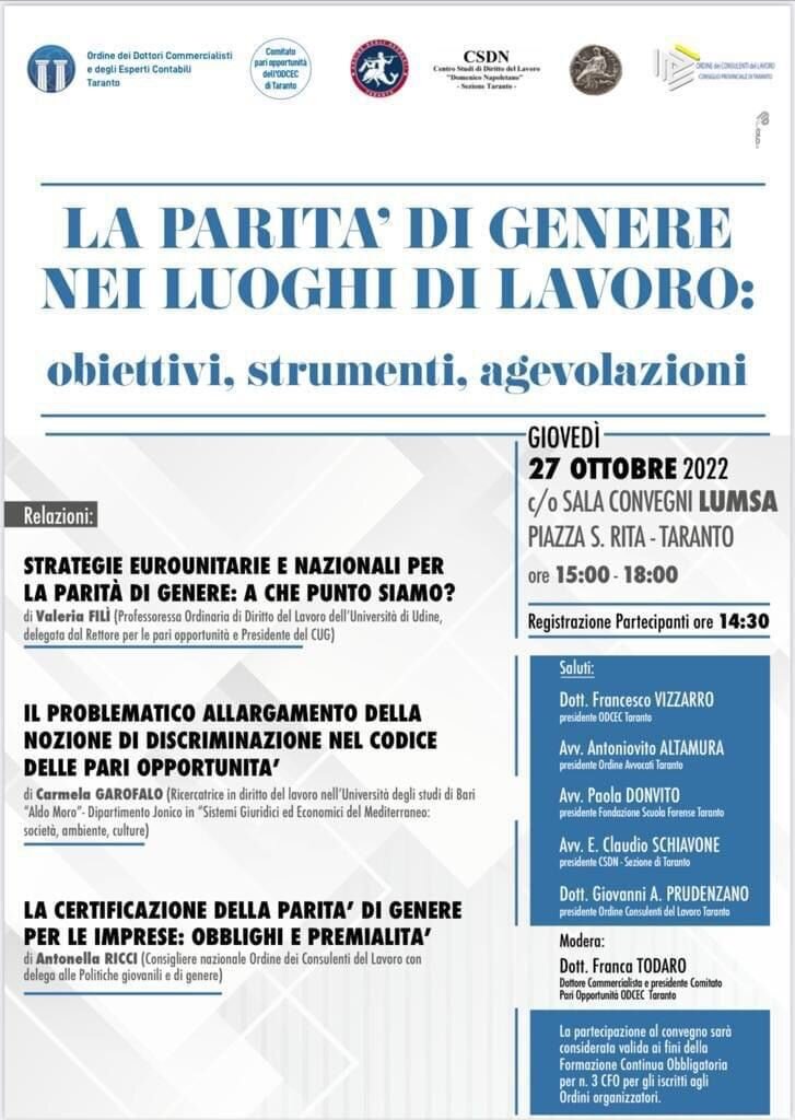 LA PARITA’ DI GENERE NEI LUOGHI DI LAVORO, PRIMO EVENTO DEL COMITATO PARI OPPORTUNITA’ DELL’ORDINE DEI DOTTORI COMMERCIALISTI ED ESPERTI CONTABILI DI TARANTO